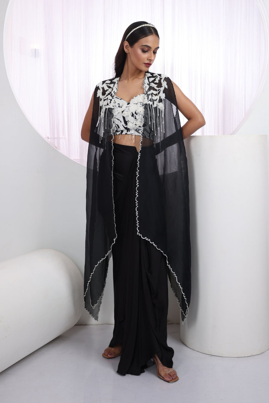 Elara Pearl Cape Skirt Set