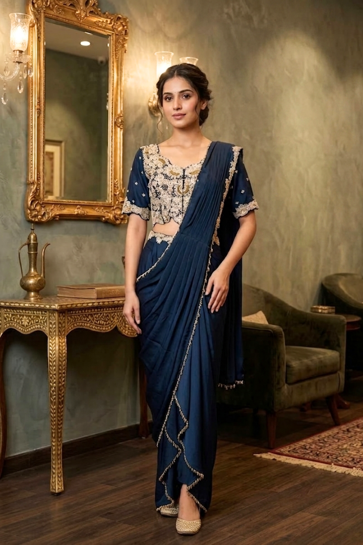 Royal blue Hand Crafted Drape Saree
