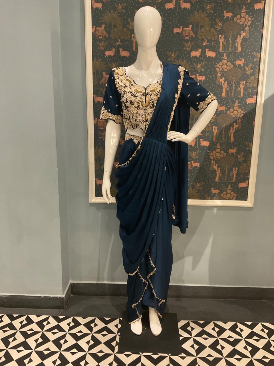 Royal blue Hand Crafted Drape Saree