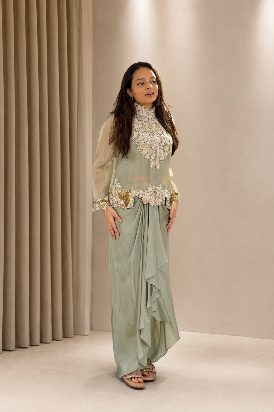 Sage green pearl drape couture set